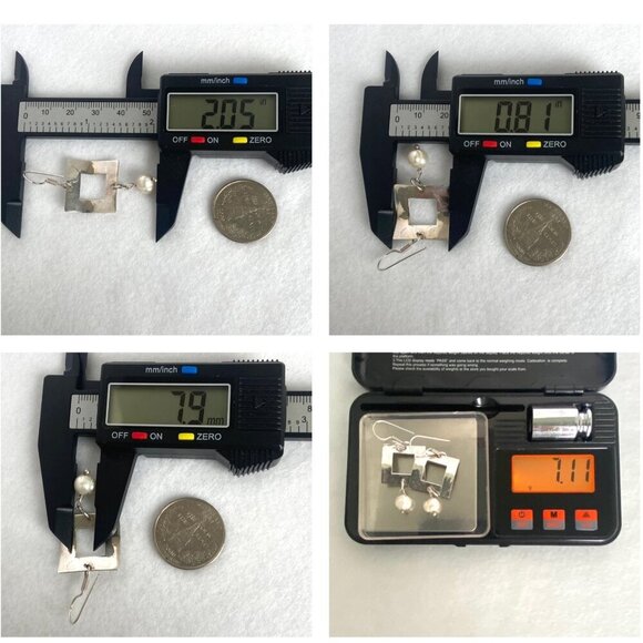 Sterling Silver 925 Square Hammered Baroque Pearl Dangle Drop Earrings - Picture 10 of 16